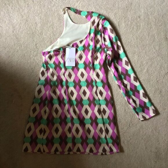 Zara NWT One Sleeve Satin Multicolored Women’s Mini Dress Size - Picture 7 of 9